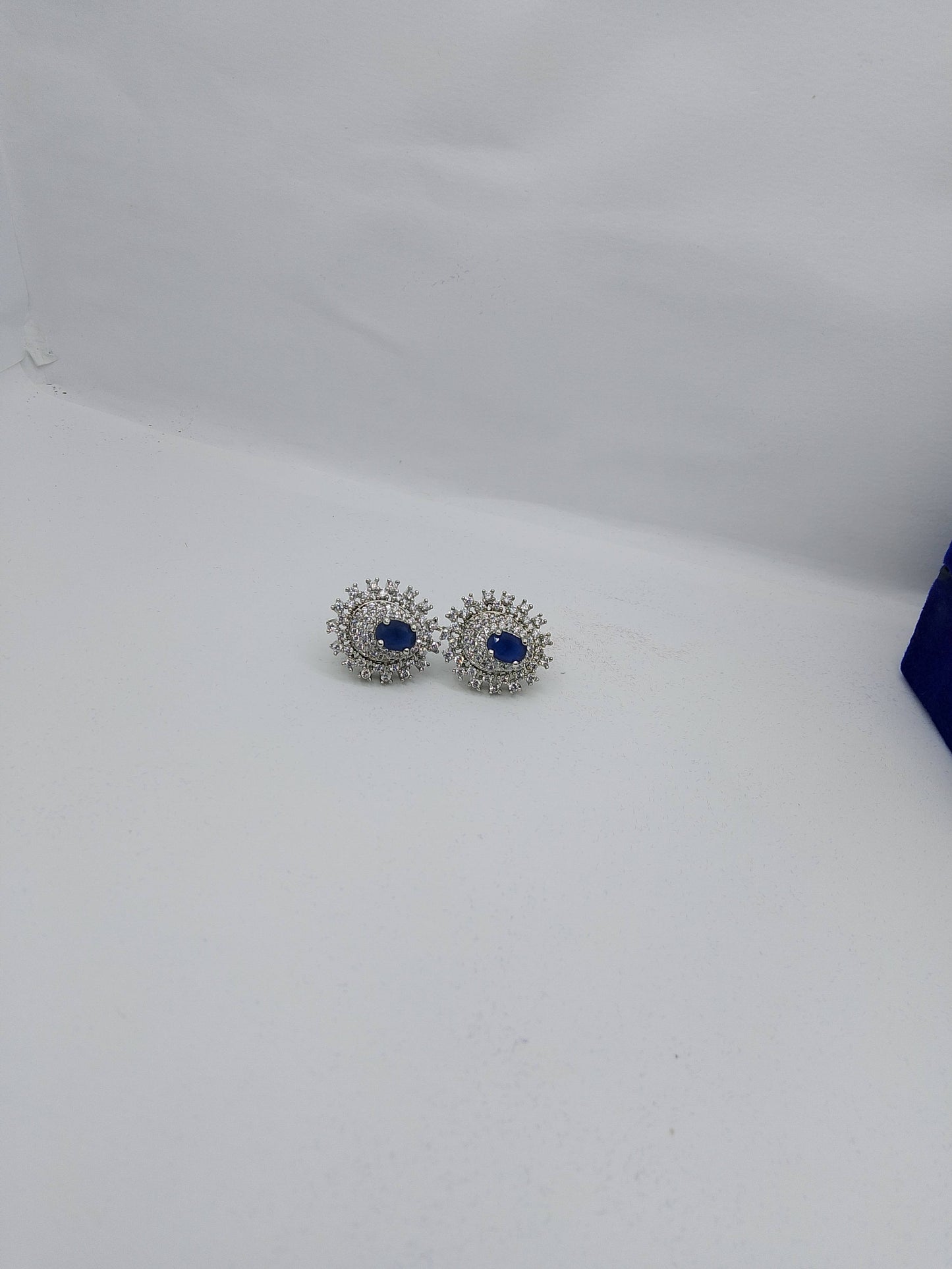 Midnight Royal Sapphire Studs β Silver Crystal Halo Earrings