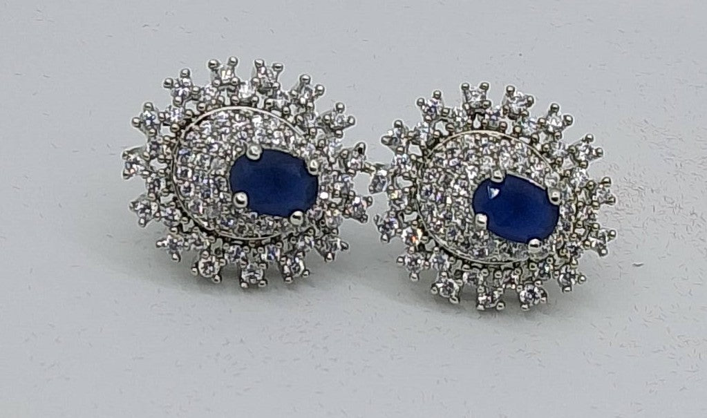 Midnight Royal Sapphire Studs – Silver Crystal Halo Earrings