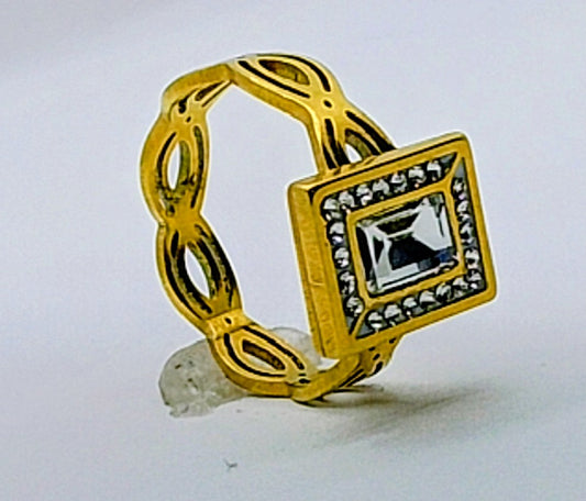 Royal White Crystal Square Ring – Gold-Tone Finish