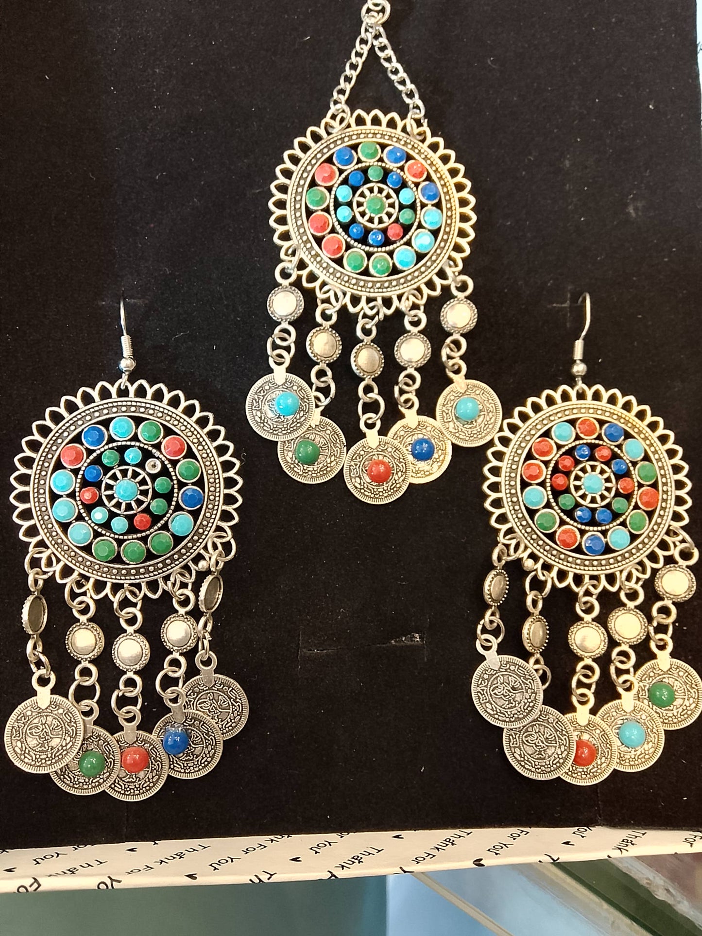 Boho Afghani Coin Earrings & Tikka – Multicolor Gypsy Style