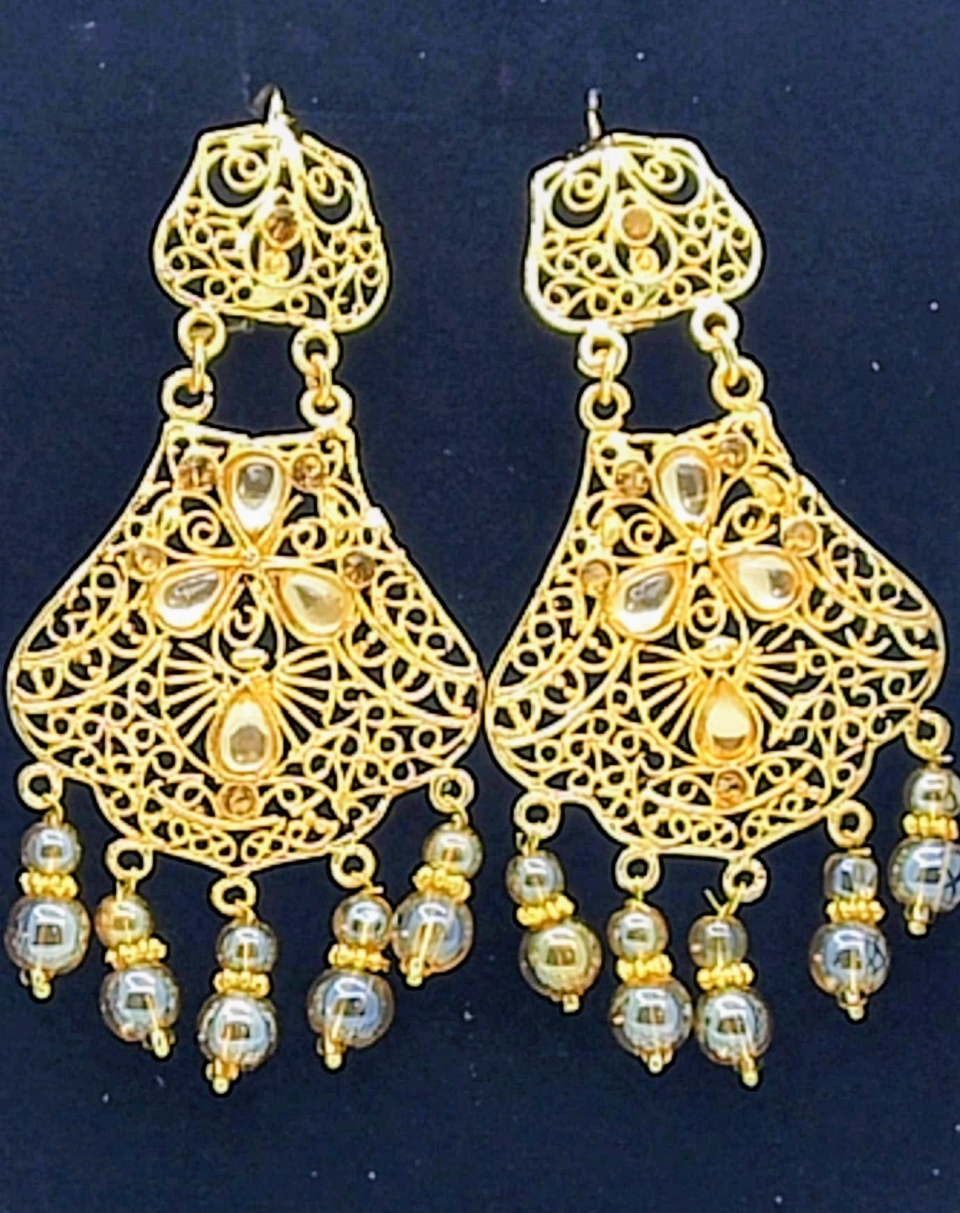 Golden Filigree Pearl Drop Earrings – Wedding Party Wear