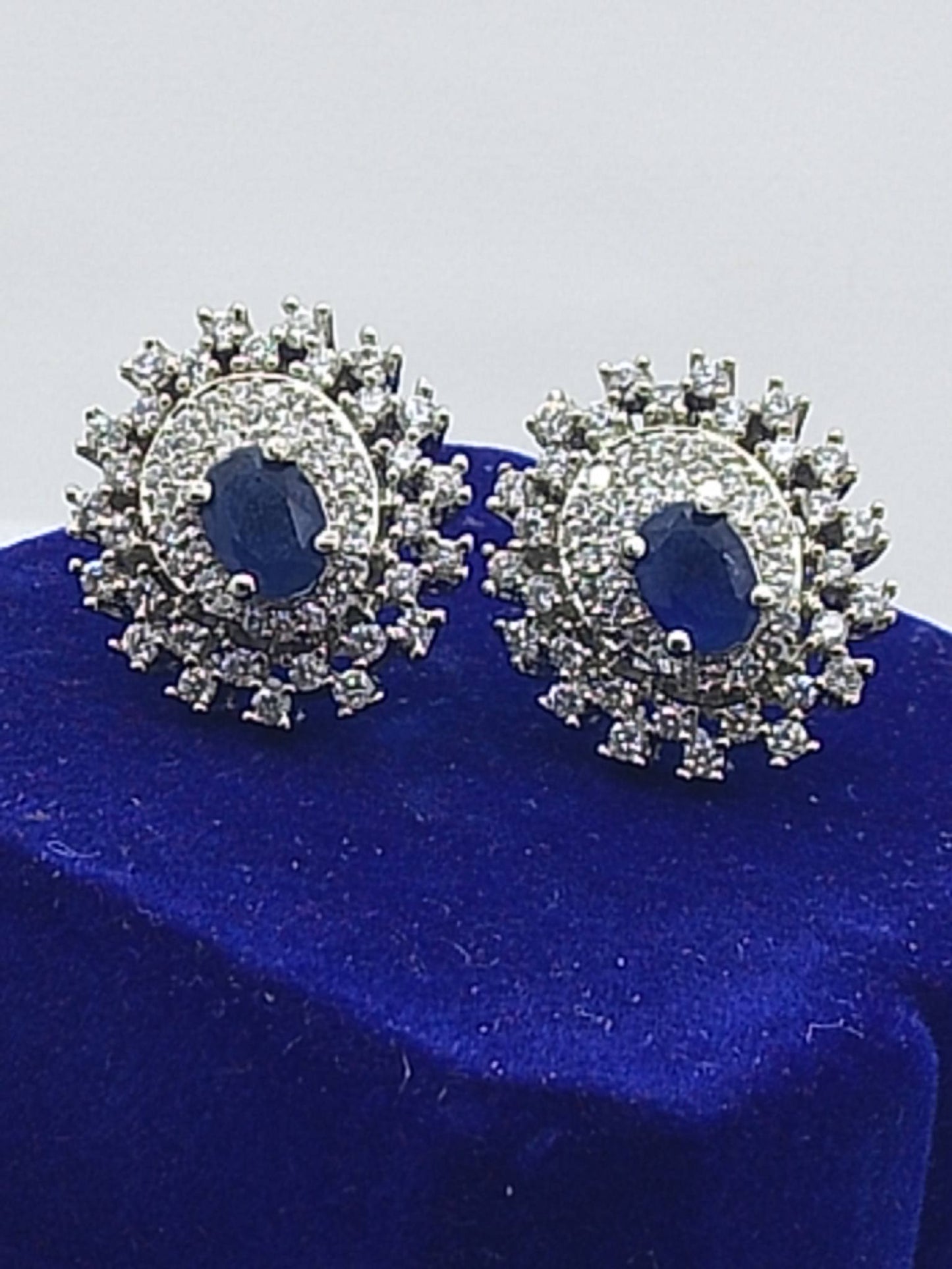 Midnight Royal Sapphire Studs – Silver Crystal Halo Earrings