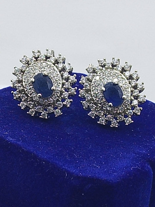 Midnight Royal Sapphire Studs – Silver Crystal Halo Earrings