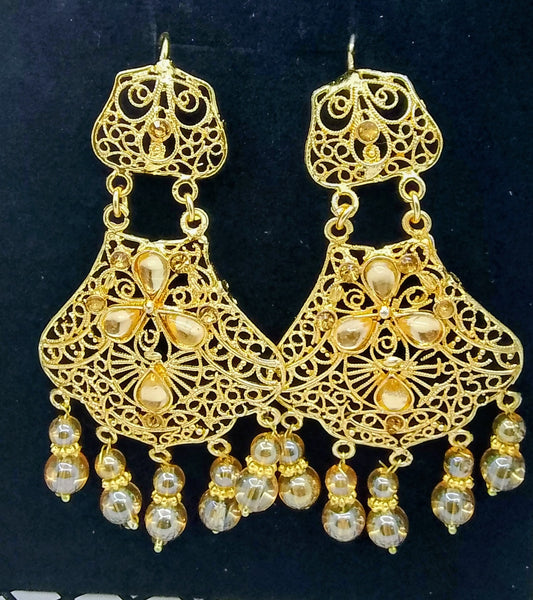 Golden Filigree Pearl Drop Earrings – Wedding Party Wear